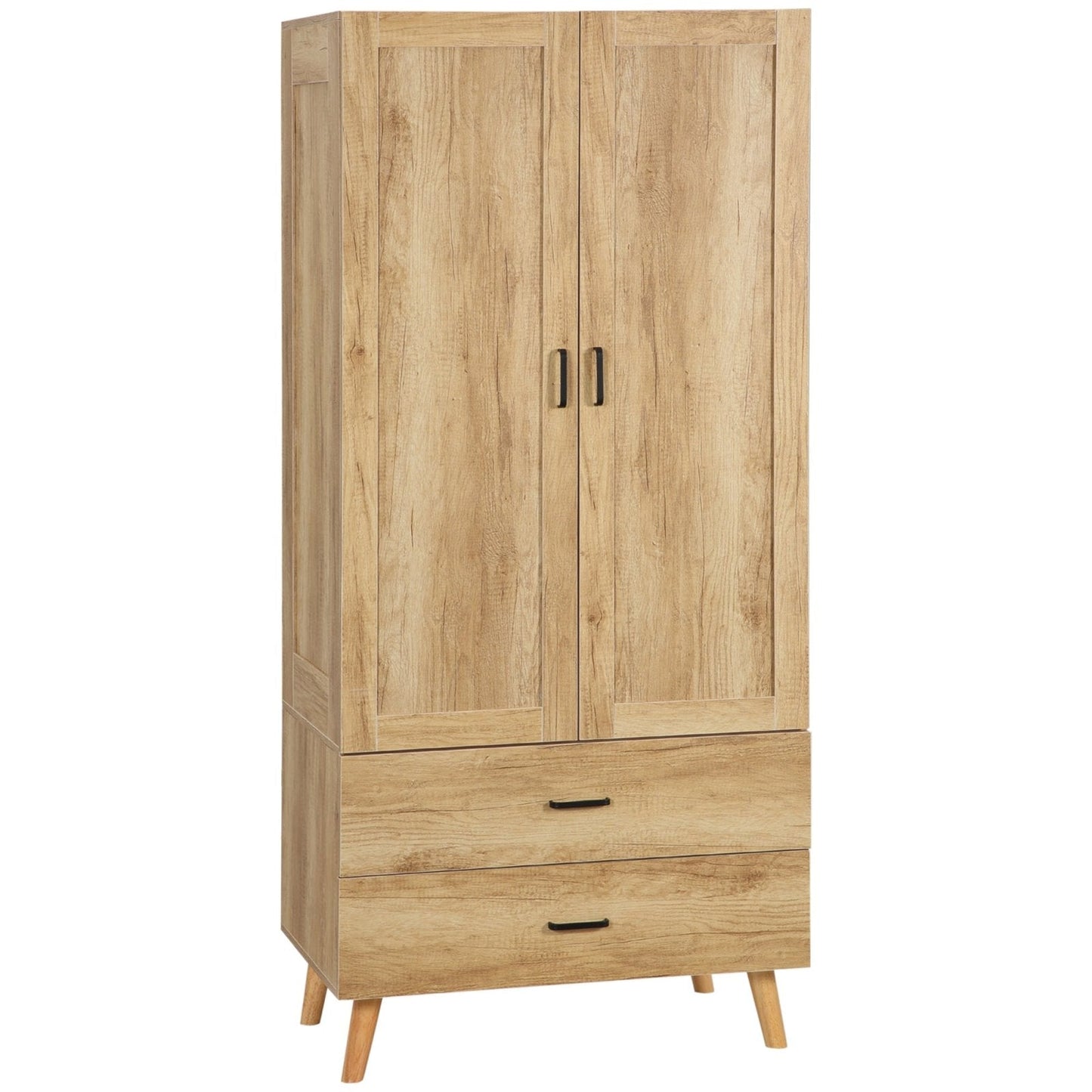2 Door Wardrobe, Modern Wardrobe with 2 Drawer and Hanging Rail for Bedroom, Natural-0