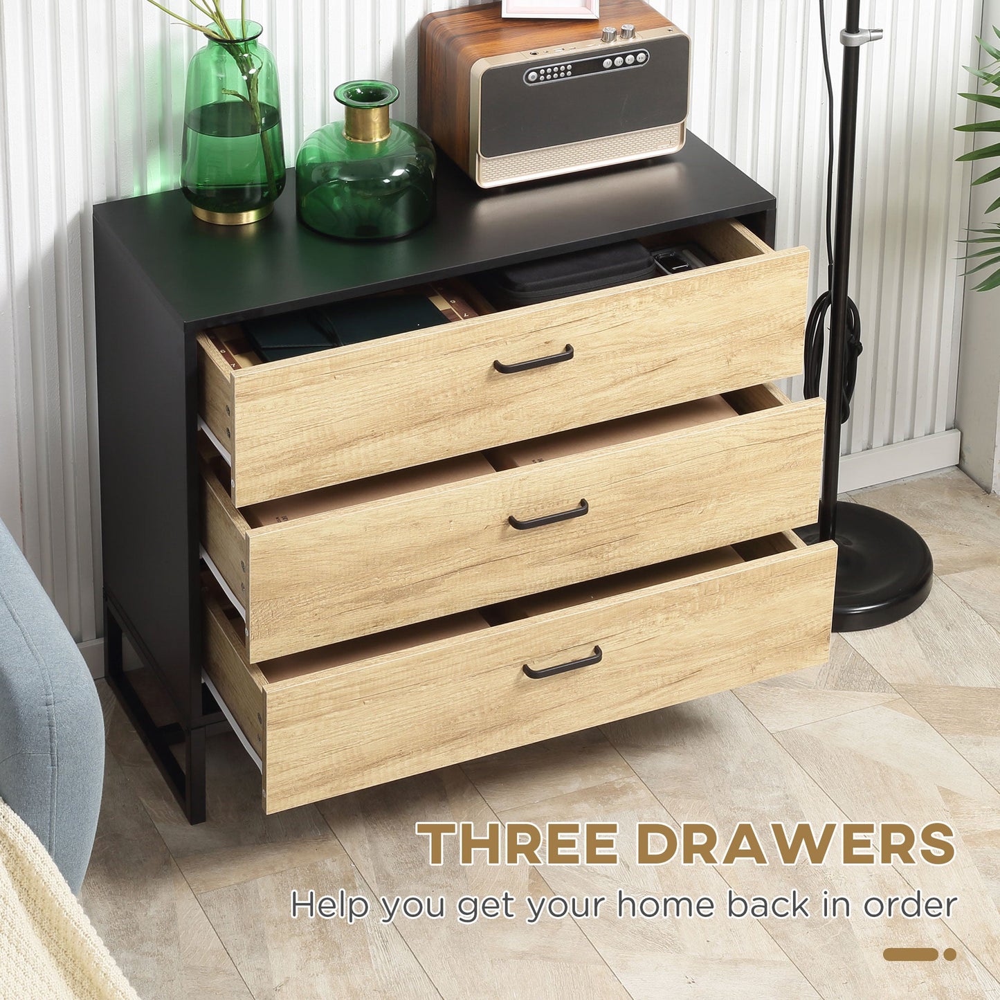 Drawer Chest, 3-Drawer Storage Cabinet Organiser with Steel Frame for Bedroom, Living Room, 80cmx35cmx75cm, Natural-4