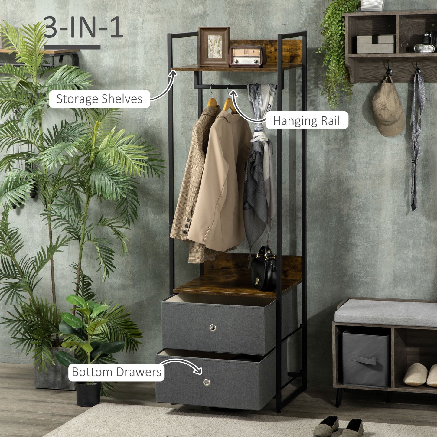 Clothes Rail, Metal Coat Stand, Garment Rack with 2 Fabric Storage Drawers, Single Wardrobe for Bedroom, Hallway, Rustic Brown and Grey-3