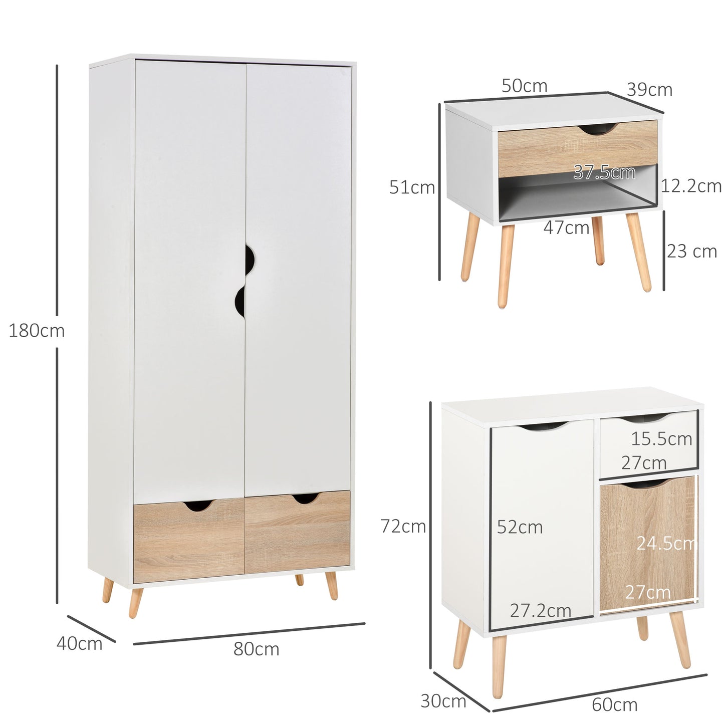 HOMCOM Bedroom Furniture Set, Wardrobe with Hanging Rail, Bedside Table, Floor Cabinet with Storage, Nature Wood Finish and White-1
