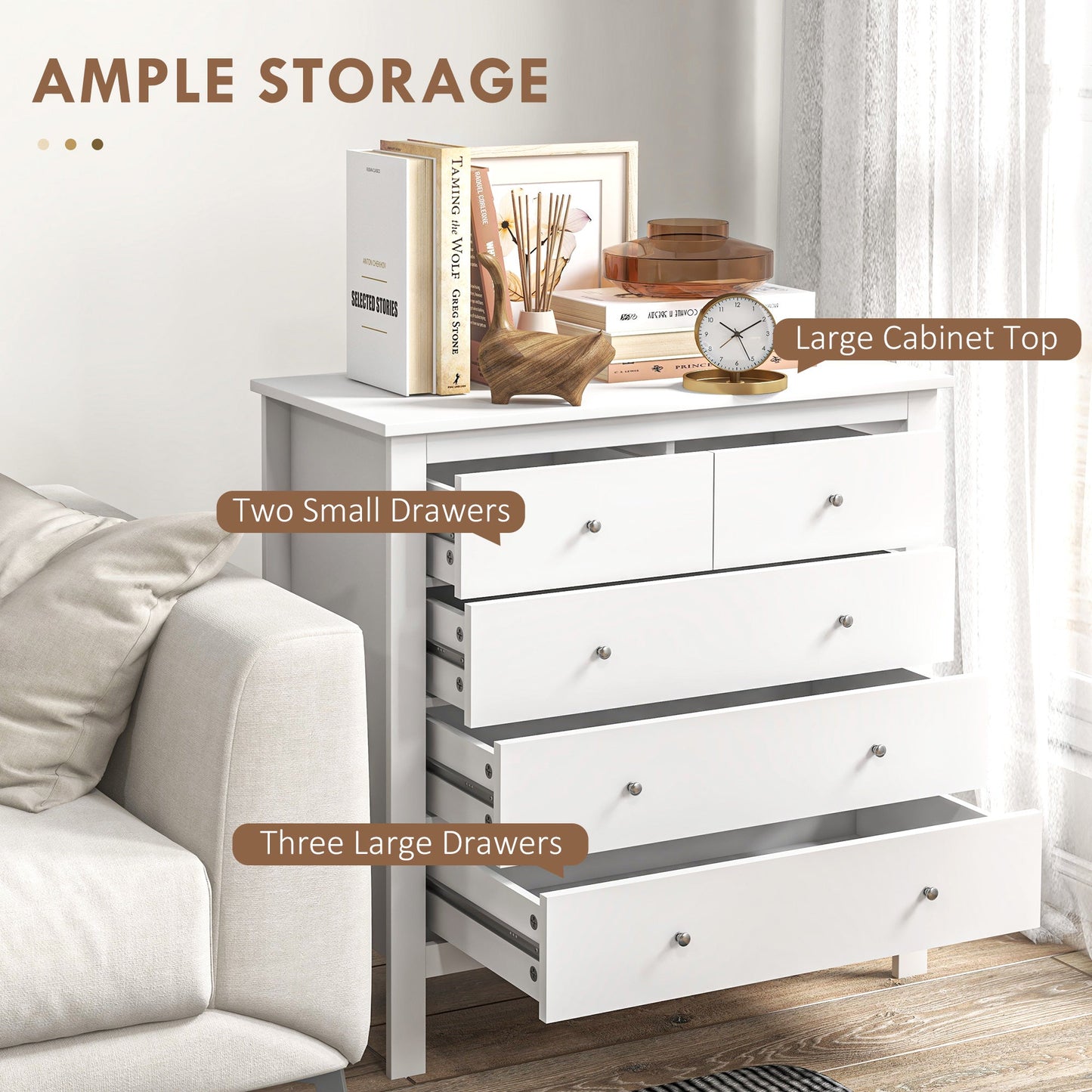 Modern Chest of Drawers, 5 Drawer Storage Cabinet with Metal Handles and Runners for Bedroom, White-3