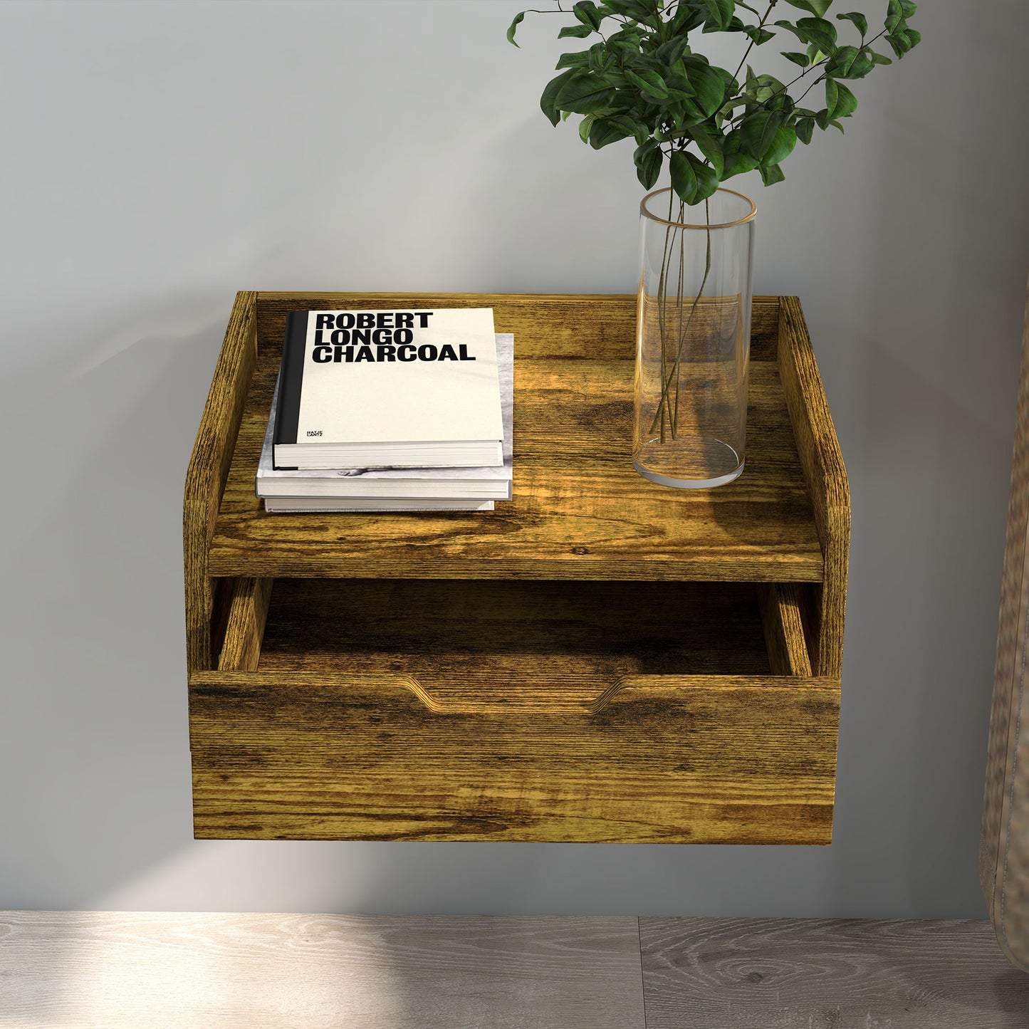 HOMCOM Floating Nightstand Set of 2 Wall Mounted Bedside Table with Storage Drawer for Bedroom in Rustic Brown-5
