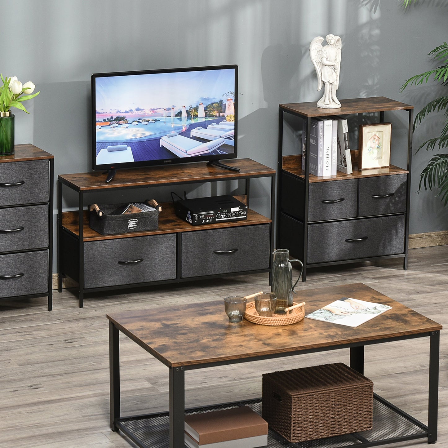 Chest of Drawers Bedroom Unit Storage Cabinet with 3 Fabric Bins for Living Room, Bedroom and Entryway, Black-1