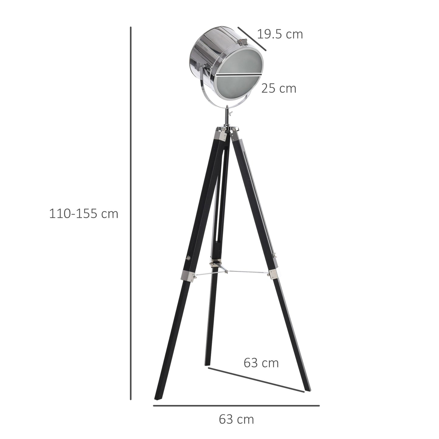 Industrial Style Adjustable Tripod Floor Lamp, Searchlight Lamp with Wooden Legs and Steel Lampshade, 110-155cm, Black-2