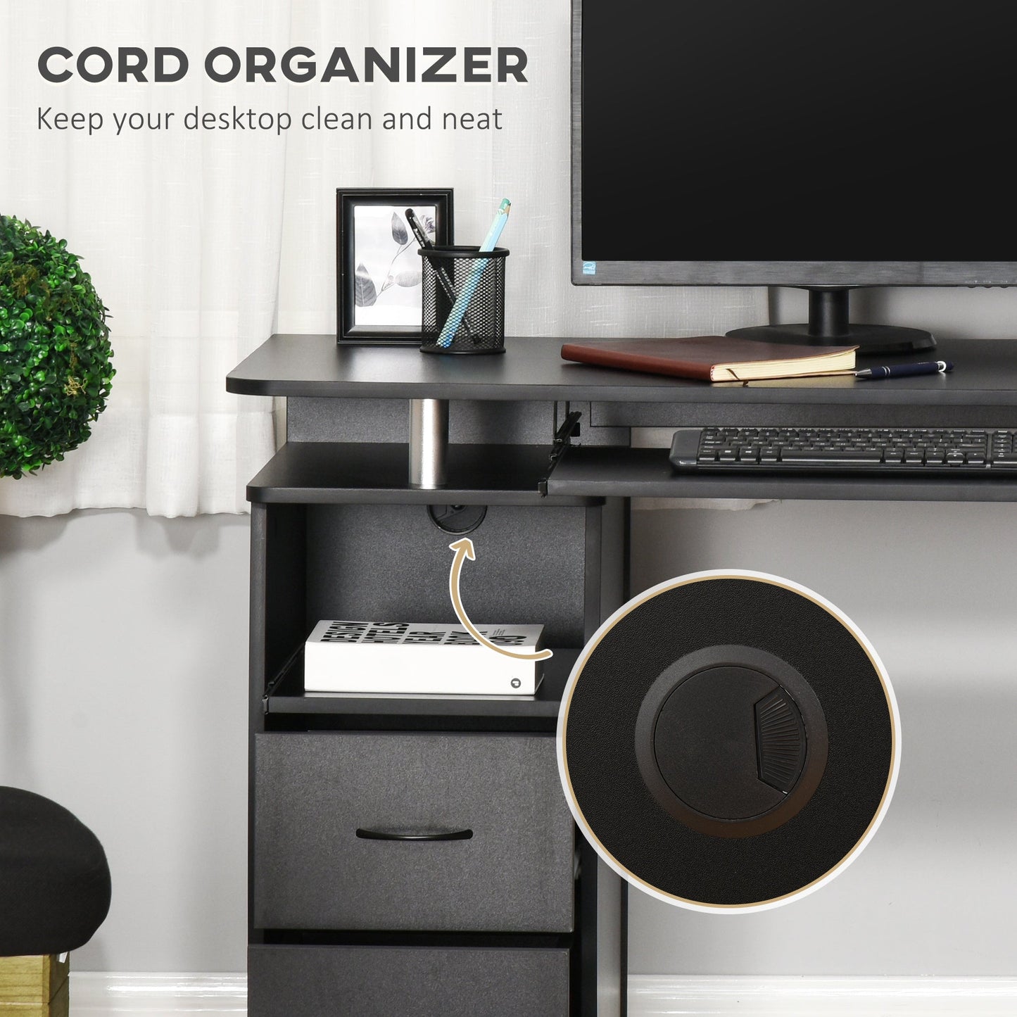 Computer Desk Office PC Table Workstation with Keyboard Tray, CPU Shelf, Drawers, Sliding Scanner Shelf, Black-4