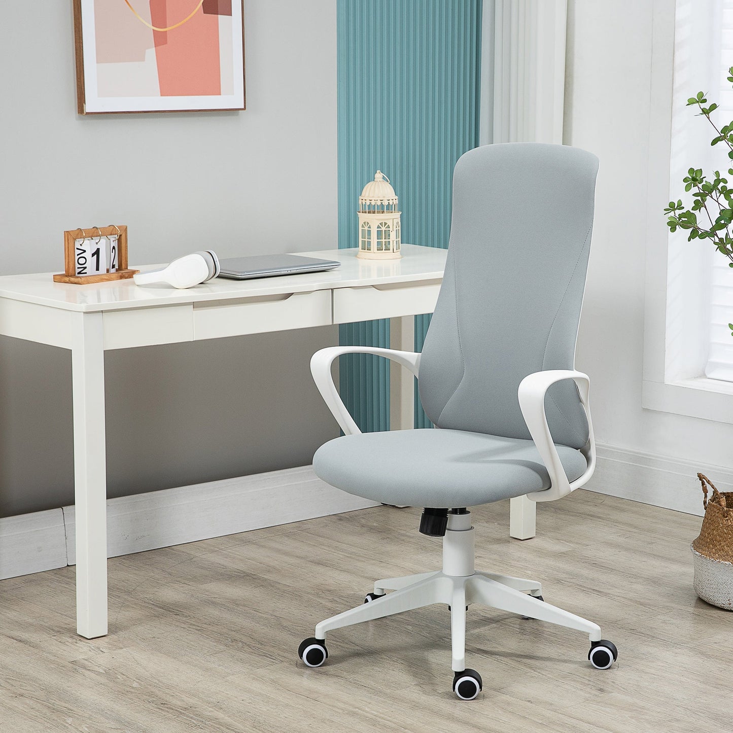 High-Back Office Chair, Elastic Desk Chair with Armrests, Tilt Function, Adjustable Seat Height, Light Grey-1