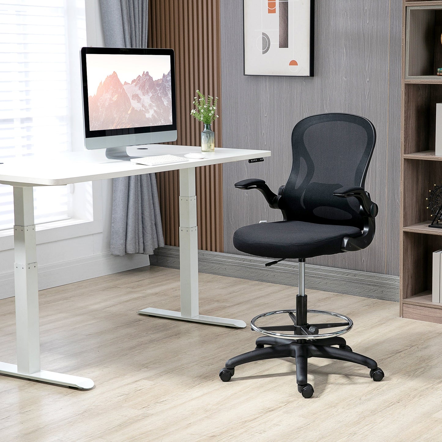 Adjustable Standing Desk Chair with Flip-up Armrests Lumbar Support Armrests Adjustable Footrest Ring Black-1