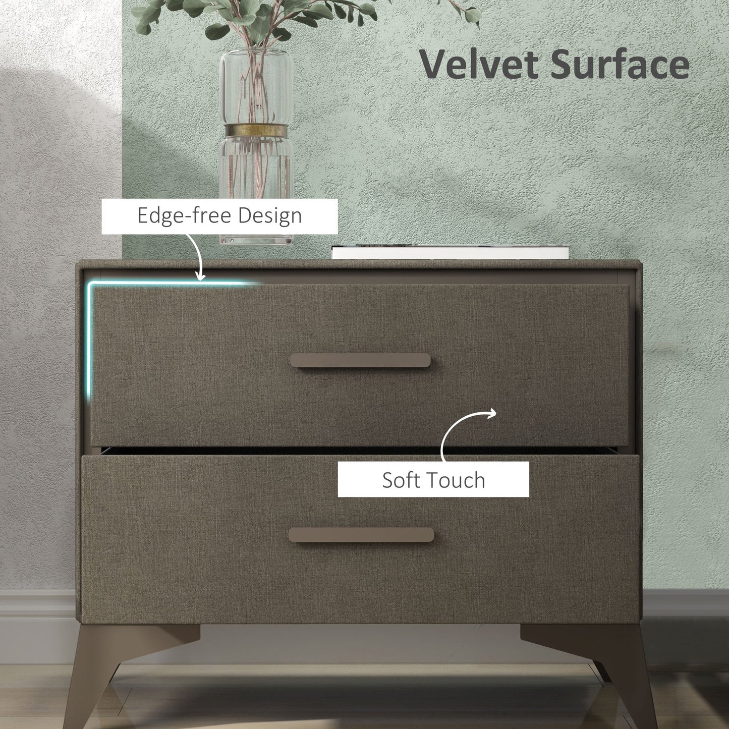 Velvet Bedside Table, Side Table with 2 Drawers, Modern Bedside Cabinet with Storage and Steel Legs for Bedroom, Living Room, Brown-3