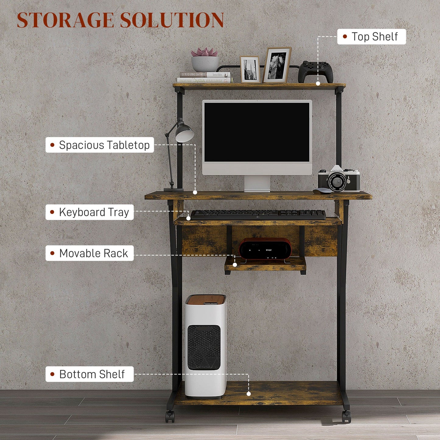 Multi-Storage Work Desk, with Sliding Keyboard Tray - Brown/Black-3