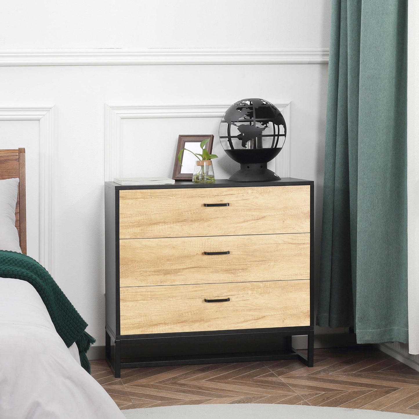 Drawer Chest, 3-Drawer Storage Cabinet Organiser with Steel Frame for Bedroom, Living Room, 80cmx35cmx75cm, Natural-1