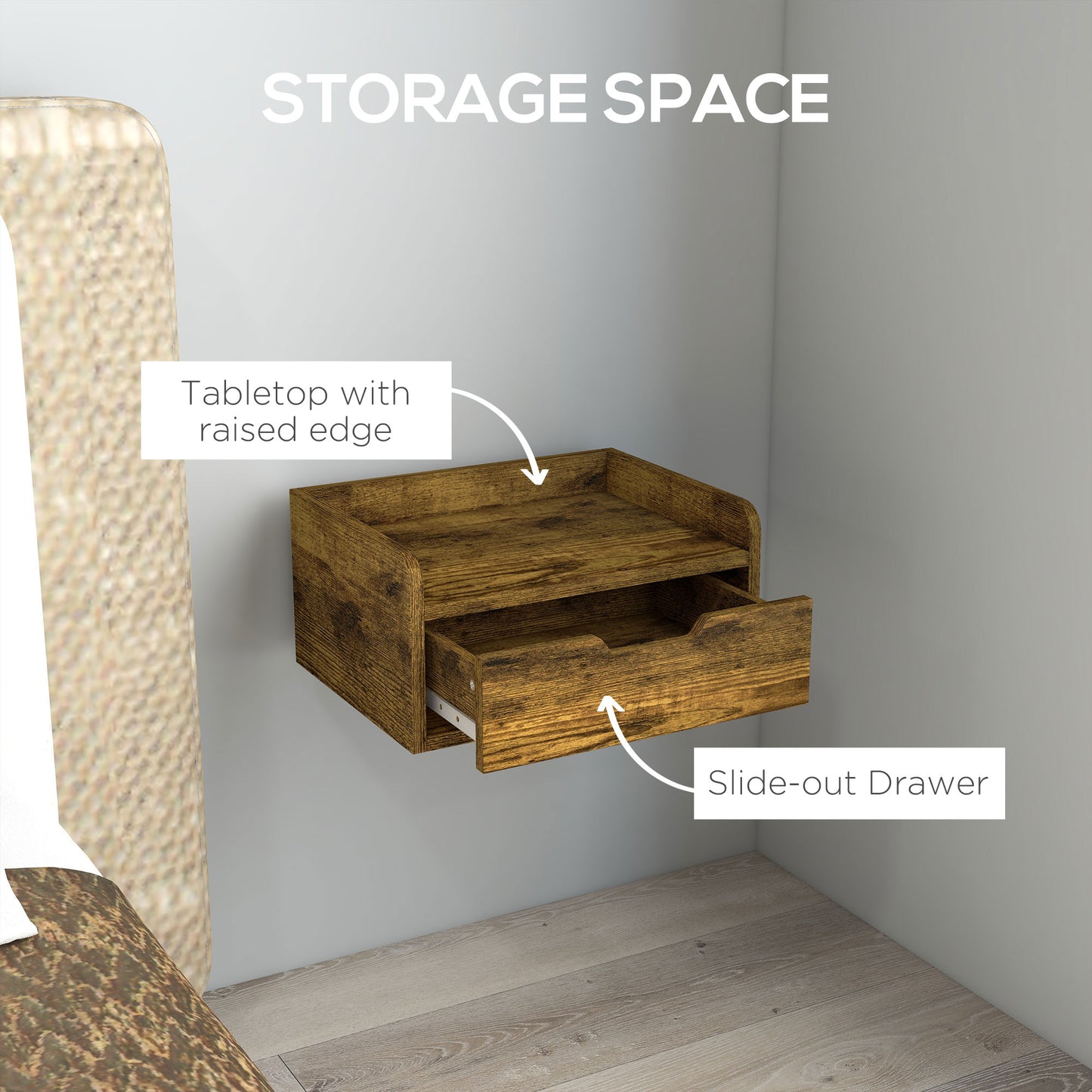 HOMCOM Floating Nightstand Set of 2 Wall Mounted Bedside Table with Storage Drawer for Bedroom in Rustic Brown-4