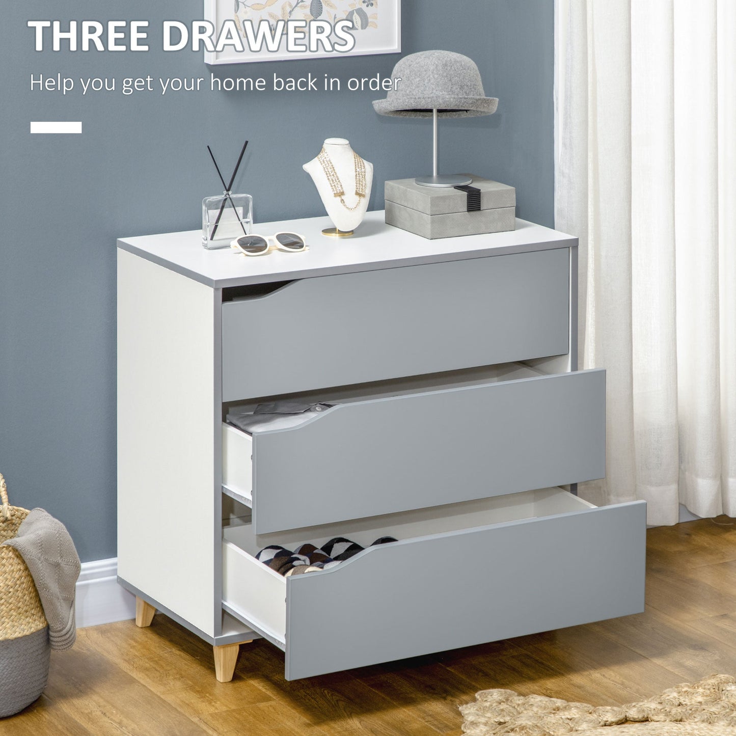 Drawer Chest, 3-Drawer Storage Cabinet Unit with Pine Wood Legs for Bedroom, Living Room, 75cmx42cmx75cm, Grey-4