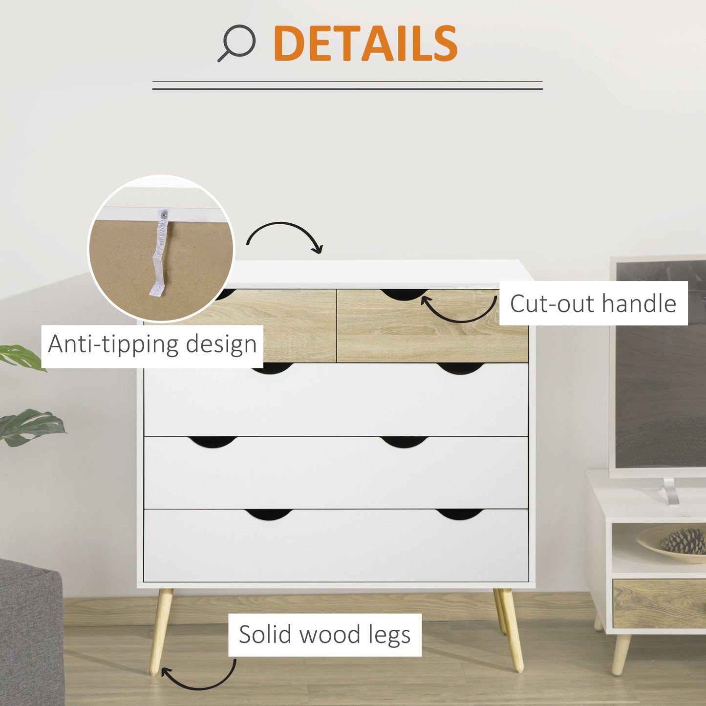 Chest of Drawers, 5 Drawer Dresser, Storage Organizer Side Cabinet for Bedroom, Living Room-4