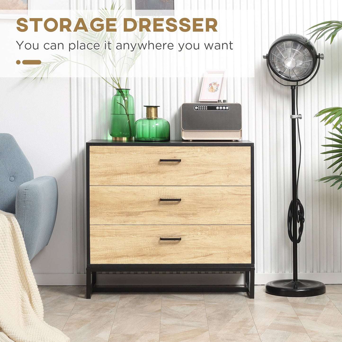 Drawer Chest, 3-Drawer Storage Cabinet Organiser with Steel Frame for Bedroom, Living Room, 80cmx35cmx75cm, Natural-3