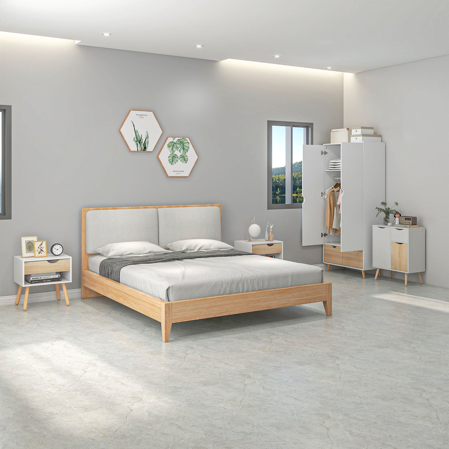 HOMCOM Bedroom Furniture Set, Wardrobe with Hanging Rail, Bedside Table, Floor Cabinet with Storage, Nature Wood Finish and White-8