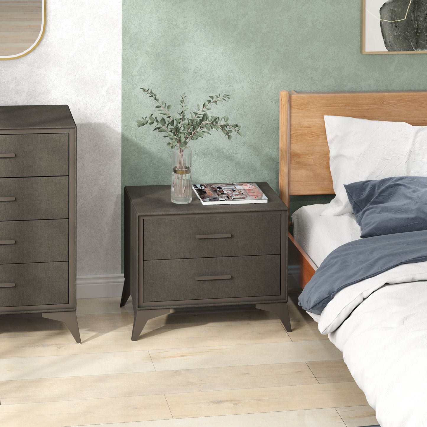 Velvet Bedside Table, Side Table with 2 Drawers, Modern Bedside Cabinet with Storage and Steel Legs for Bedroom, Living Room, Brown-1