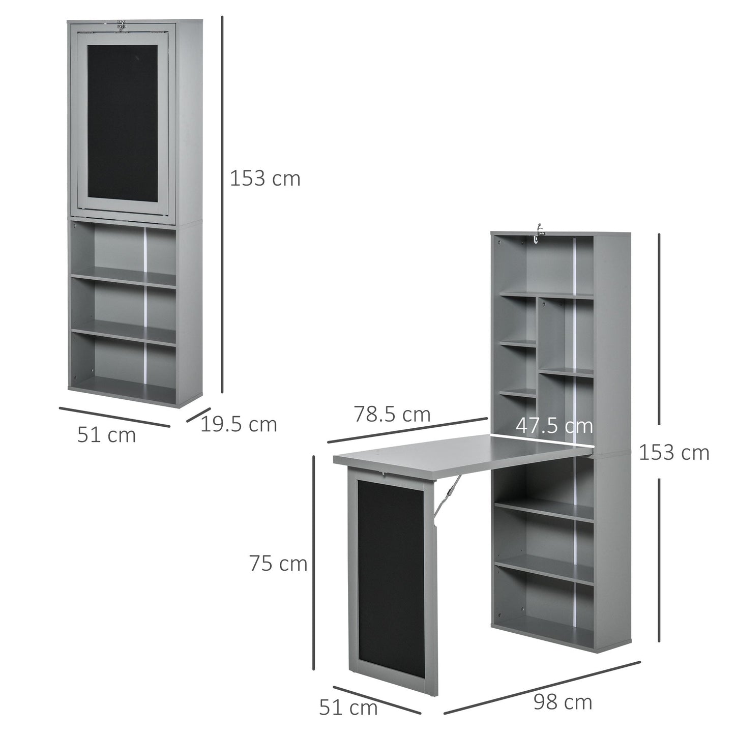 Folding Convertible Desk with Blackboard Multi-function Computer Office Workstation Side Shelf for Home Office, Grey-2