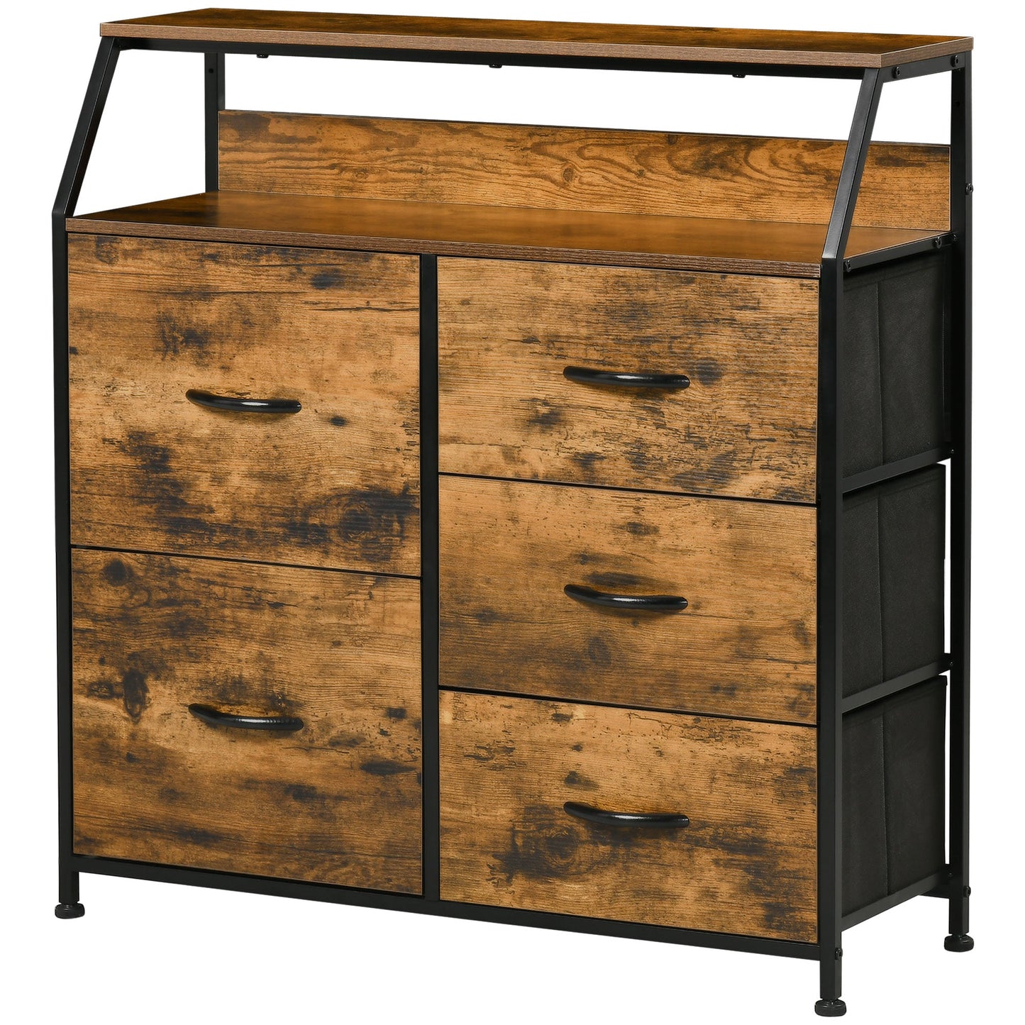 Bedroom Chest of Drawers, Industrial 5 Fabric Drawer Dresser with Open Shelf for Living Room, Rustic Brown-0