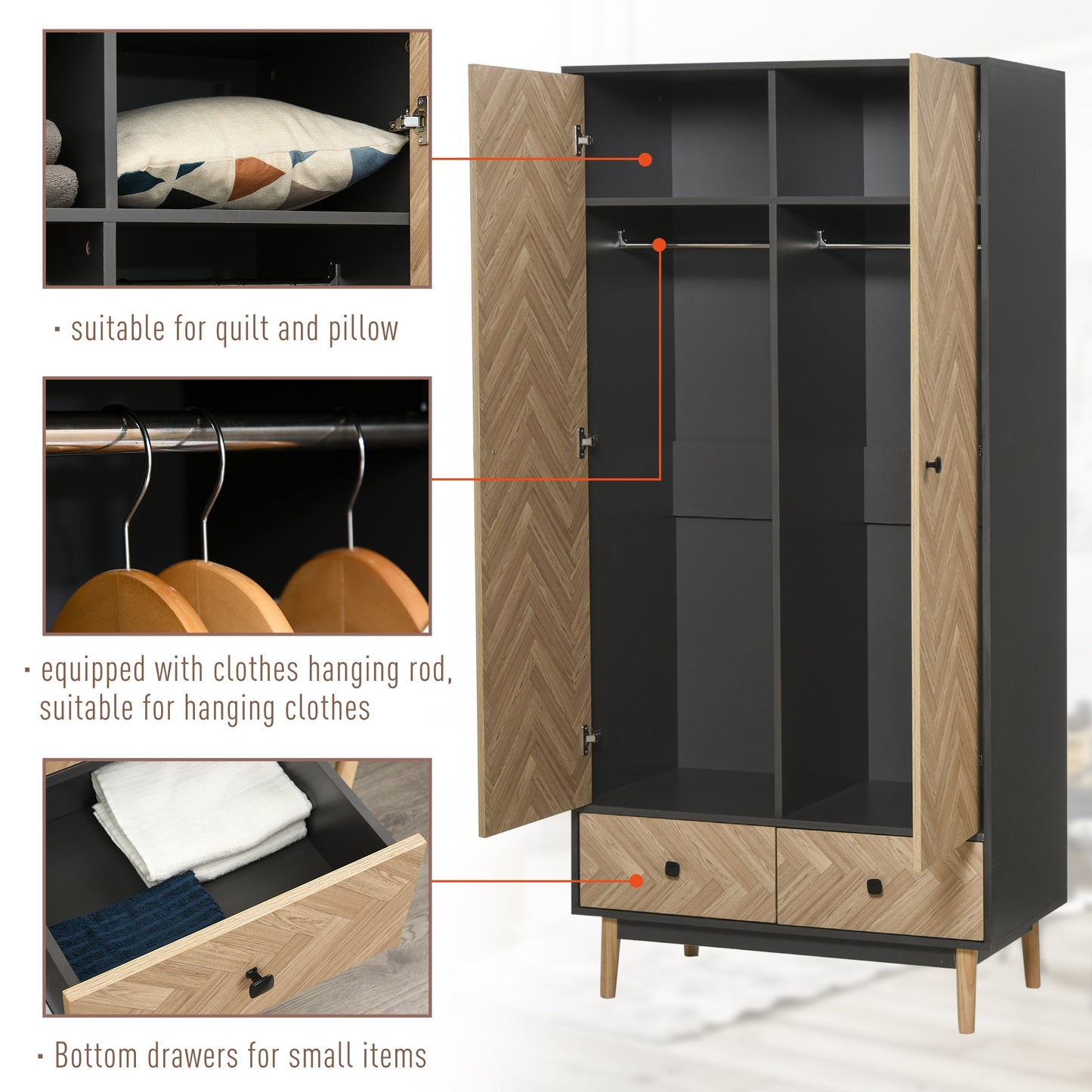 Modern Wardrobe Cabinet Wood Grain Sticker Surface with Shelf, Hanging Rod and 2 Drawers 90x50x190cm-4