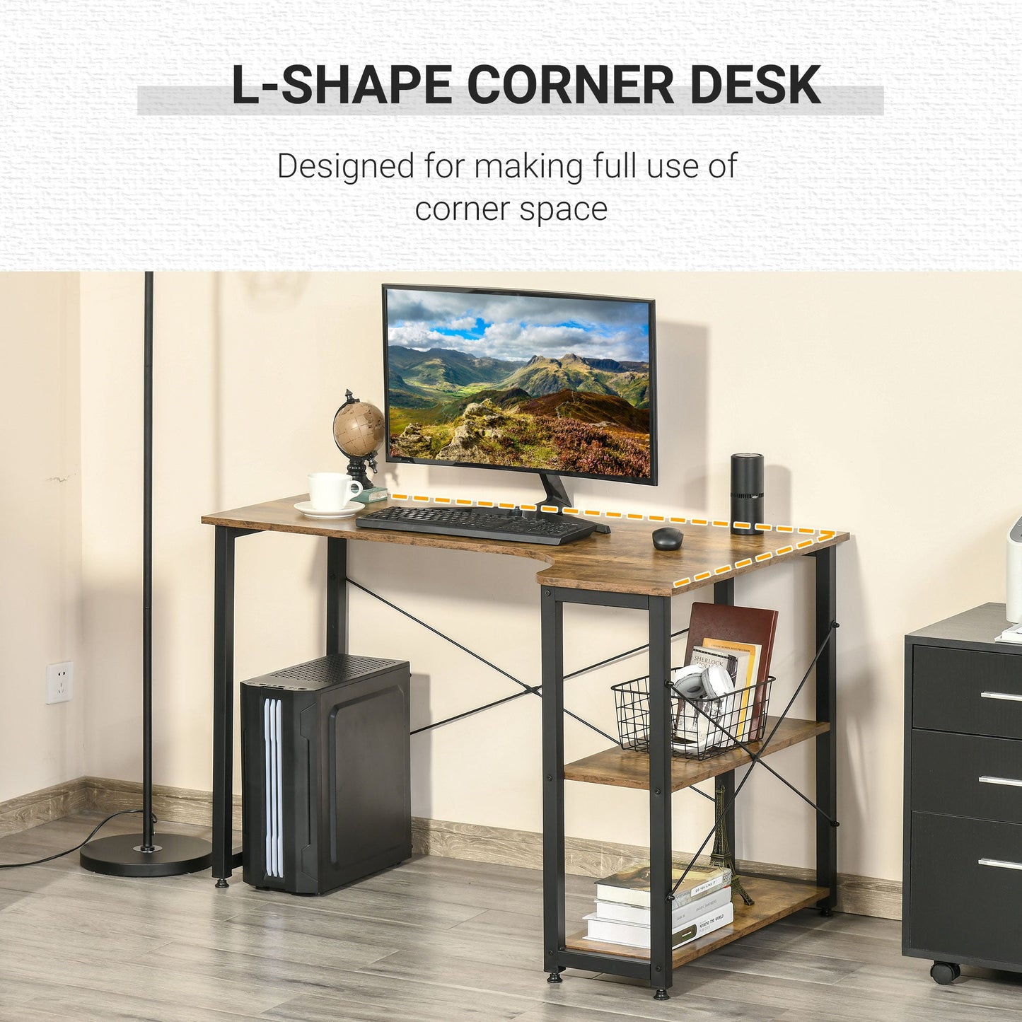 L-Shaped Computer Desk Home Office Corner Desk Study Workstation Table with 2 Shelves, Steel Frame, Rustic Brown-3