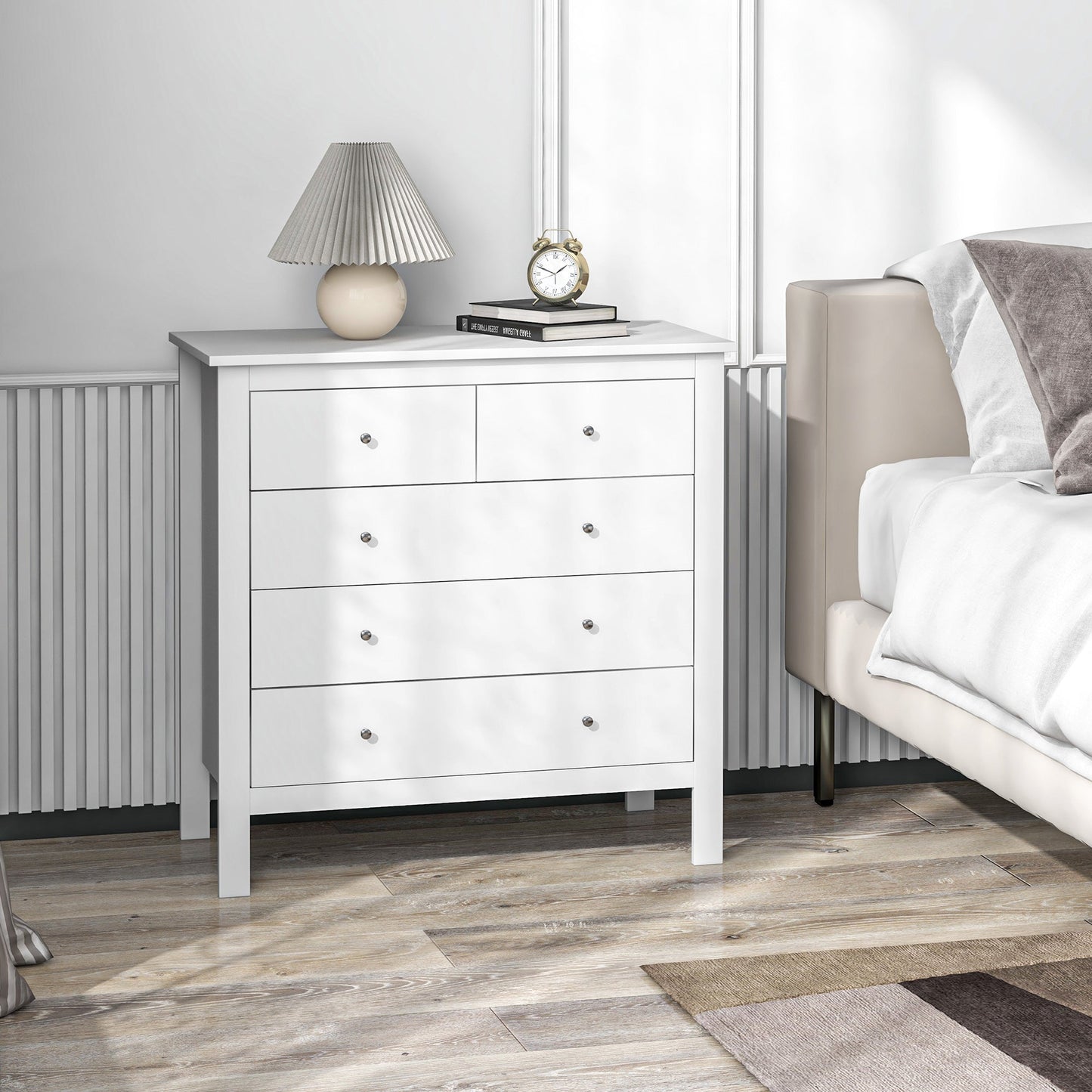 Modern Chest of Drawers, 5 Drawer Storage Cabinet with Metal Handles and Runners for Bedroom, White-1