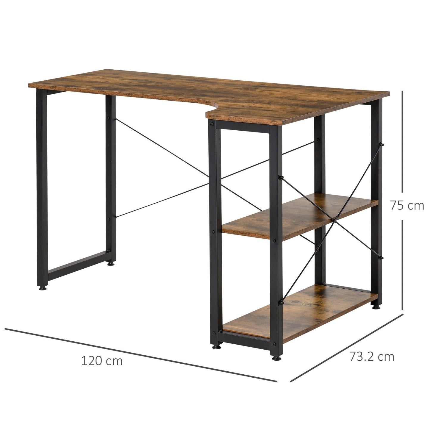L-Shaped Computer Desk Home Office Corner Desk Study Workstation Table with 2 Shelves, Steel Frame, Rustic Brown-2