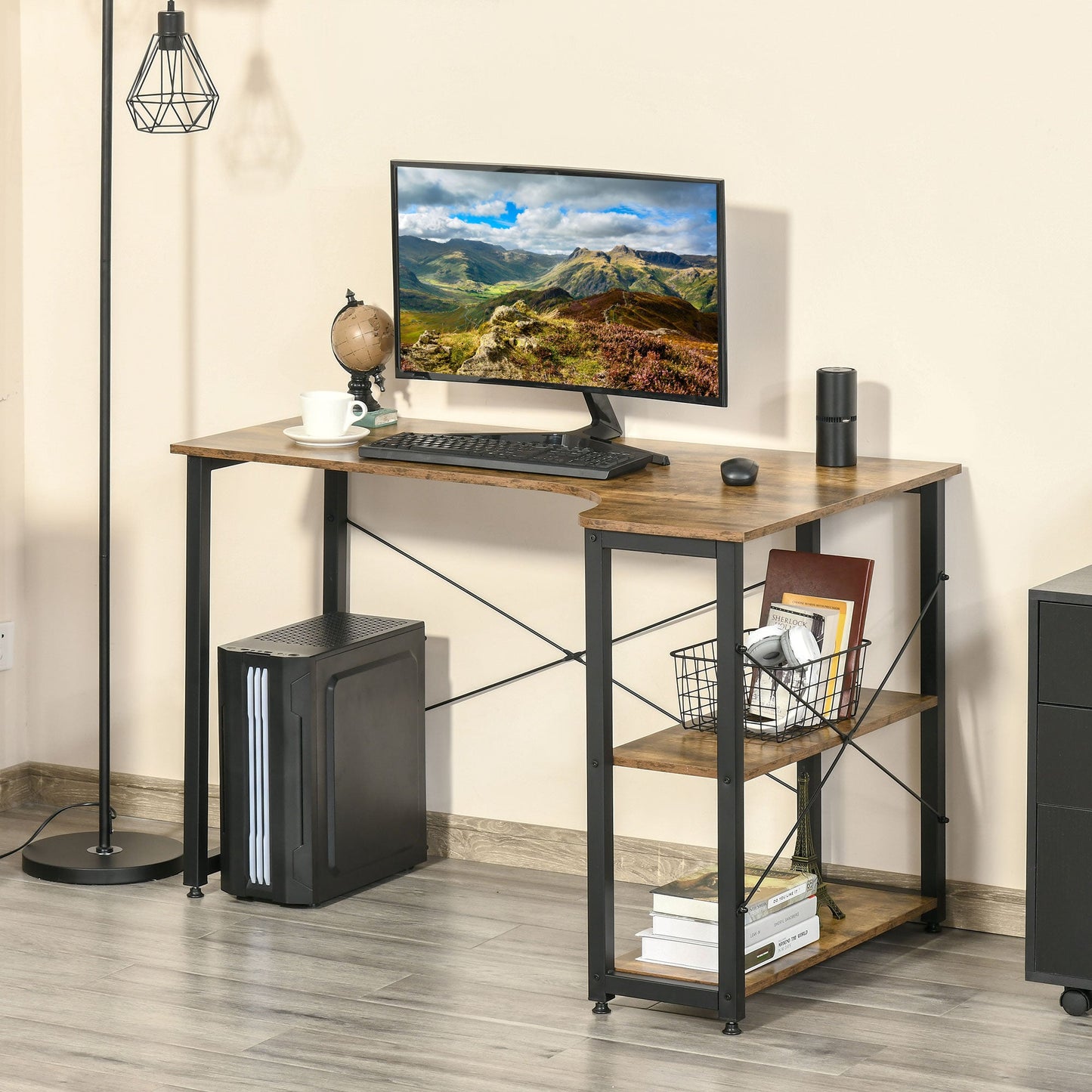 L-Shaped Computer Desk Home Office Corner Desk Study Workstation Table with 2 Shelves, Steel Frame, Rustic Brown-1