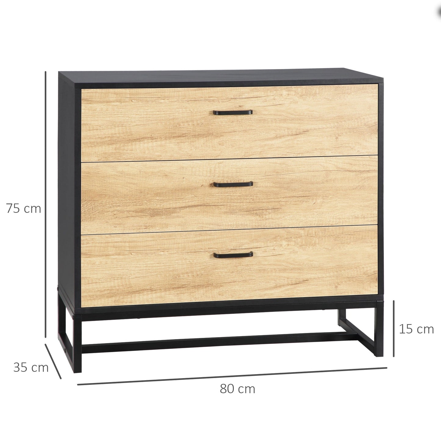 Drawer Chest, 3-Drawer Storage Cabinet Organiser with Steel Frame for Bedroom, Living Room, 80cmx35cmx75cm, Natural-2