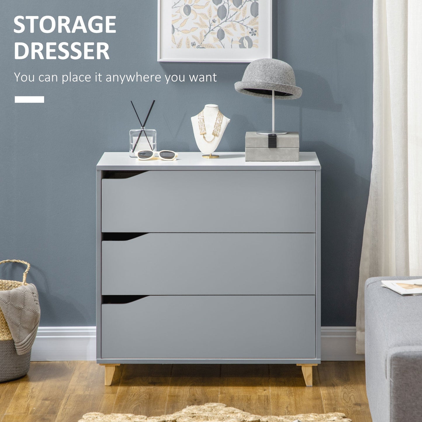 Drawer Chest, 3-Drawer Storage Cabinet Unit with Pine Wood Legs for Bedroom, Living Room, 75cmx42cmx75cm, Grey-3