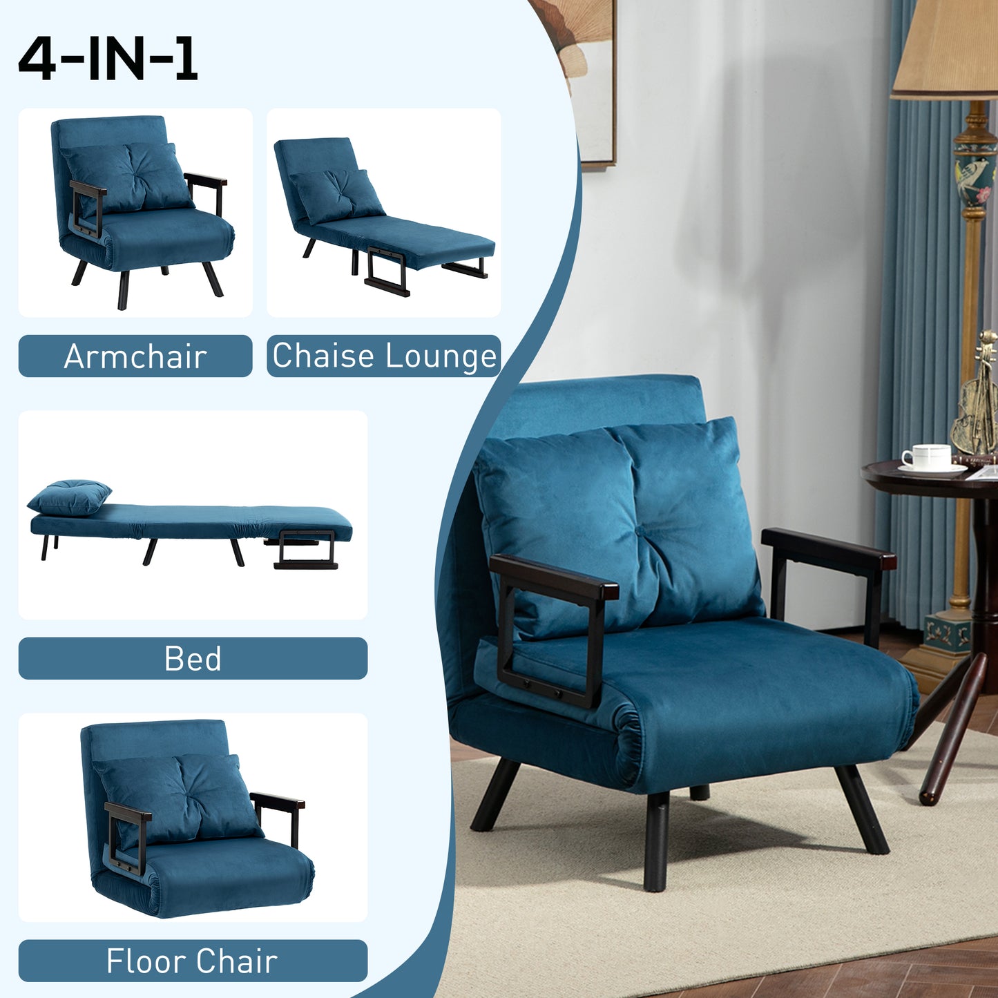 Click Clack Sofa Bed, Convertible Single Chair Couch with 2 Cushions, for Living Room, Bedroom, Navy Blue-2