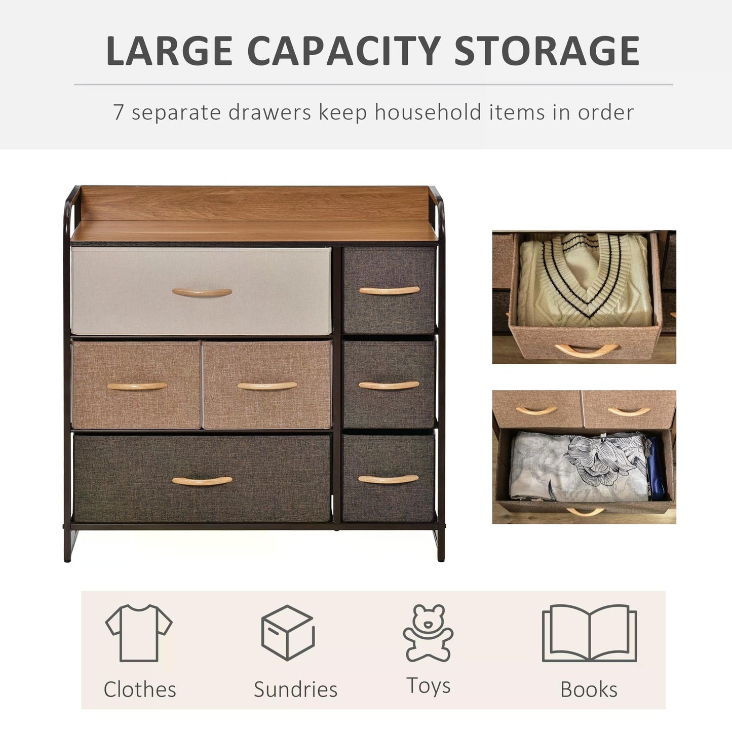 7-Drawer Dresser, Fabric Chest of Drawers, 3-Tier Storage Organizer for Bedroom Hallway Entryway, Tower Unit with Steel Frame Wooden Top-3