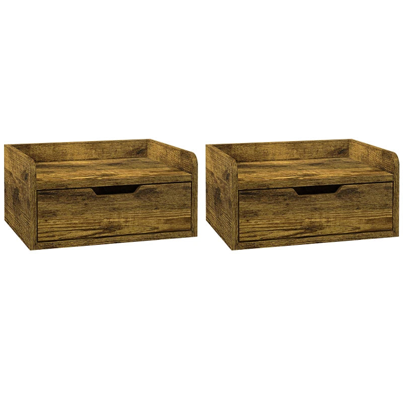 HOMCOM Floating Nightstand Set of 2 Wall Mounted Bedside Table with Storage Drawer for Bedroom in Rustic Brown-0