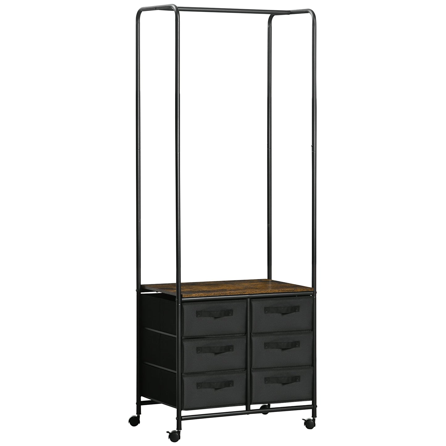 Industrial Hanging Clothes Rail, Clothes Rack with 6 Fabric Drawers, Open Wardrobe Organiser for Hallway, Bedroom and Closet, Rustic Brown-0