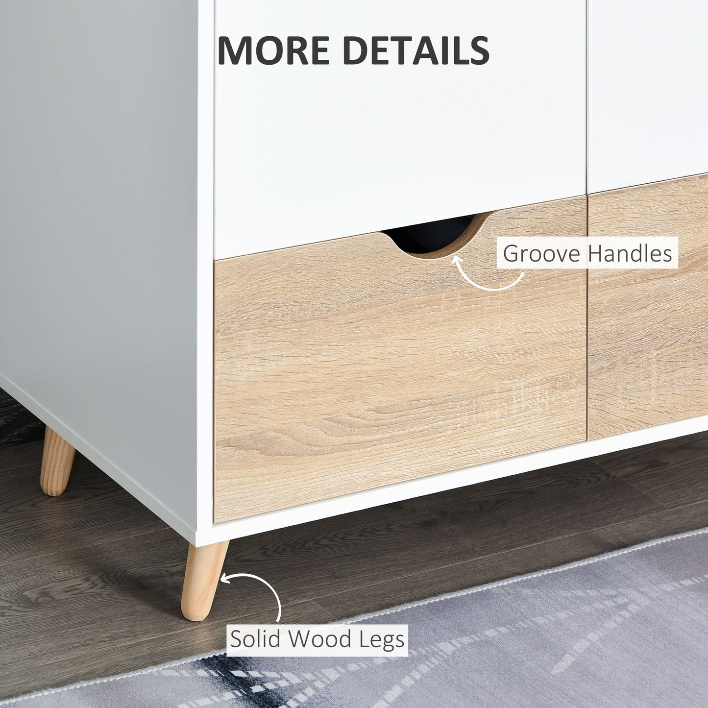 HOMCOM Bedroom Furniture Set, Wardrobe with Hanging Rail, Bedside Table, Floor Cabinet with Storage, Nature Wood Finish and White-4