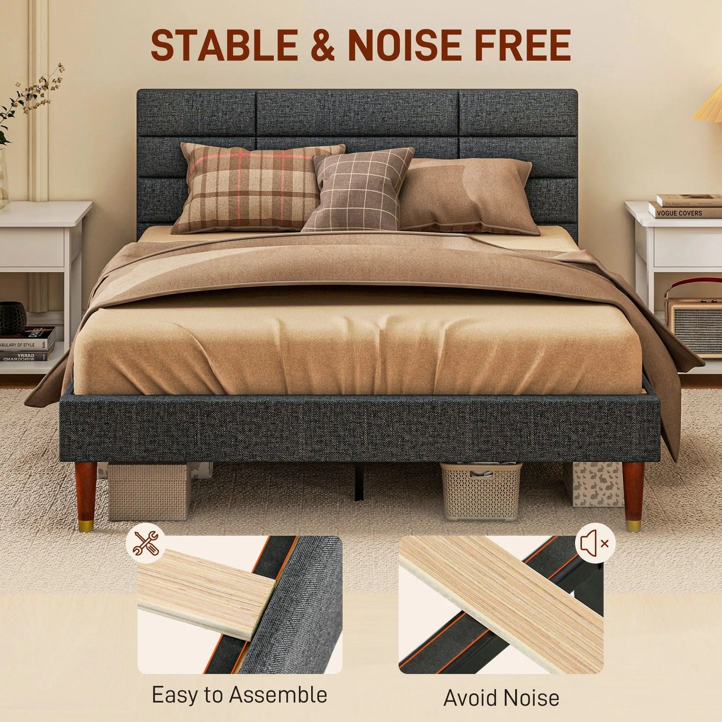 Upholstered Double Bed Frame, with Slats - Grey-4