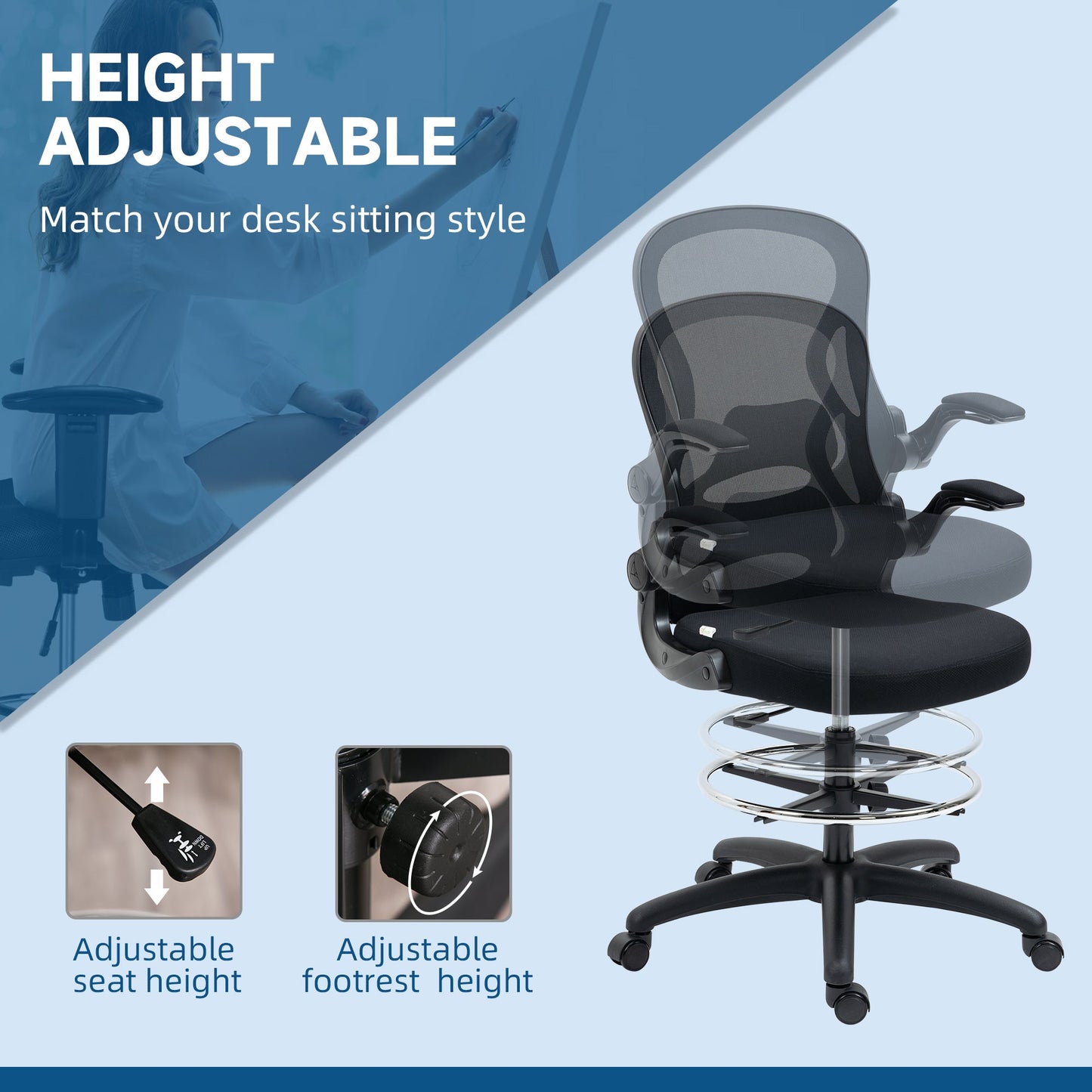 Adjustable Standing Desk Chair with Flip-up Armrests Lumbar Support Armrests Adjustable Footrest Ring Black-3