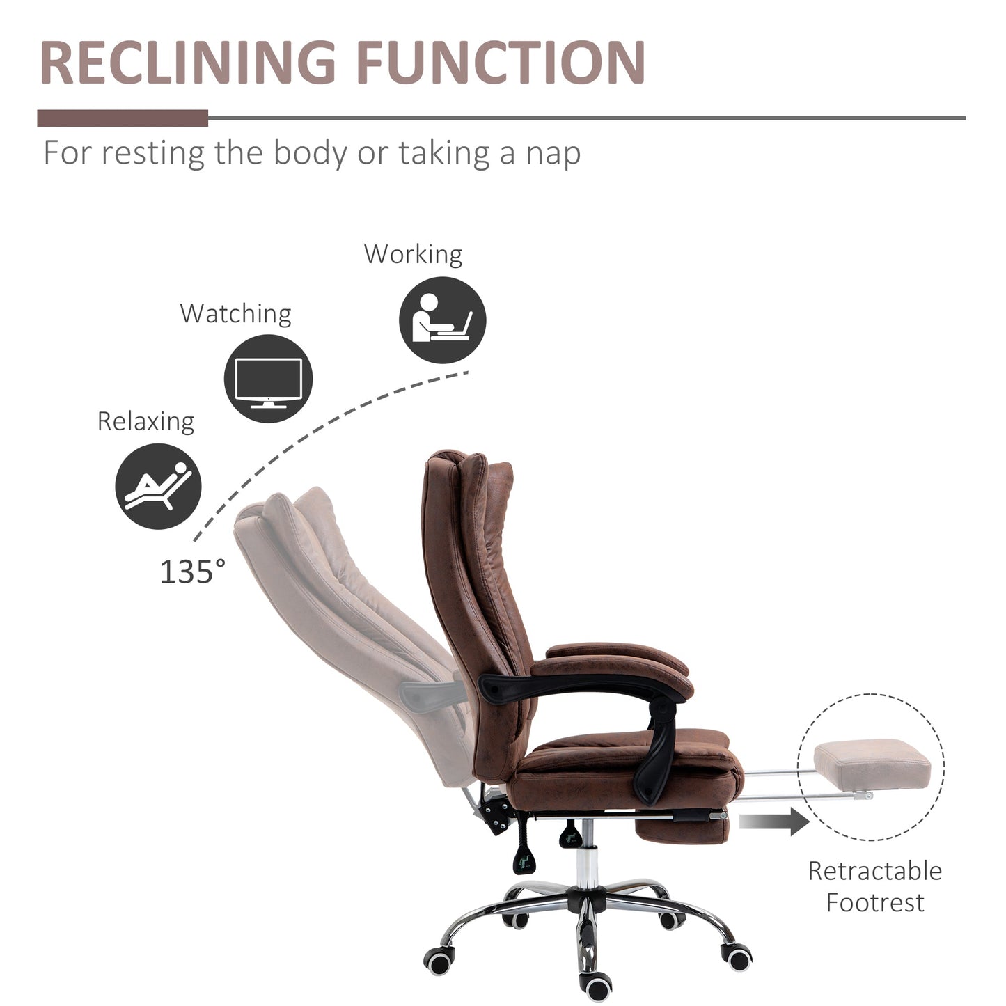 Home Office Chair Microfibre Desk Chair with Reclining Function Armrests Swivel Wheels Footrest Brown-4