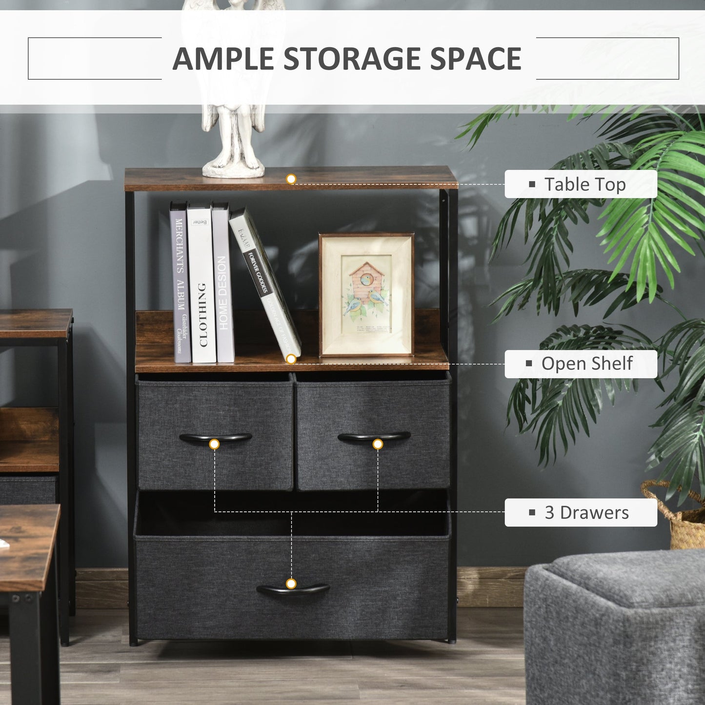 Chest of Drawers Bedroom Unit Storage Cabinet with 3 Fabric Bins for Living Room, Bedroom and Entryway, Black-3