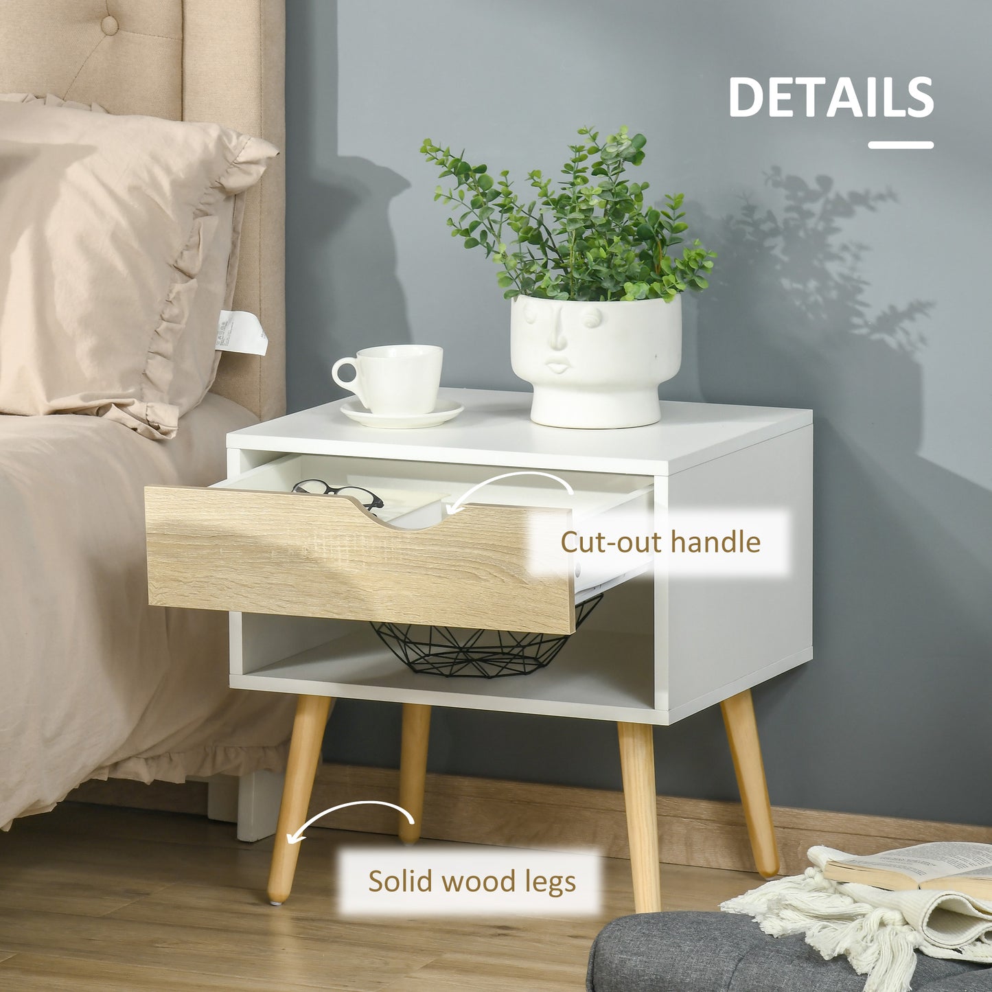 HOMCOM Bedroom Furniture Set, Wardrobe with Hanging Rail, Bedside Table, Floor Cabinet with Storage, Nature Wood Finish and White-6