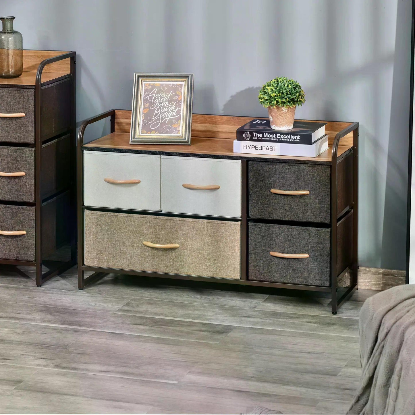 5-Drawer Dresser, Linen Fabric Chest of Drawers, Dresser Tower Unit for Bedroom Hallway Entryway, Storage Organizer with Steel Frame Wooden Top-1