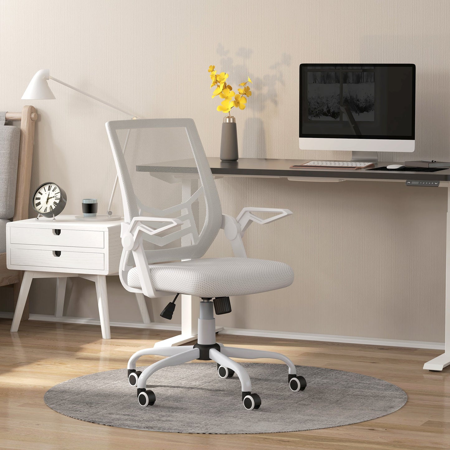 Mesh Office Chair, Computer Desk Chair with Flip-up Armrests, Lumbar Back Support and Swivel Wheels, White-1