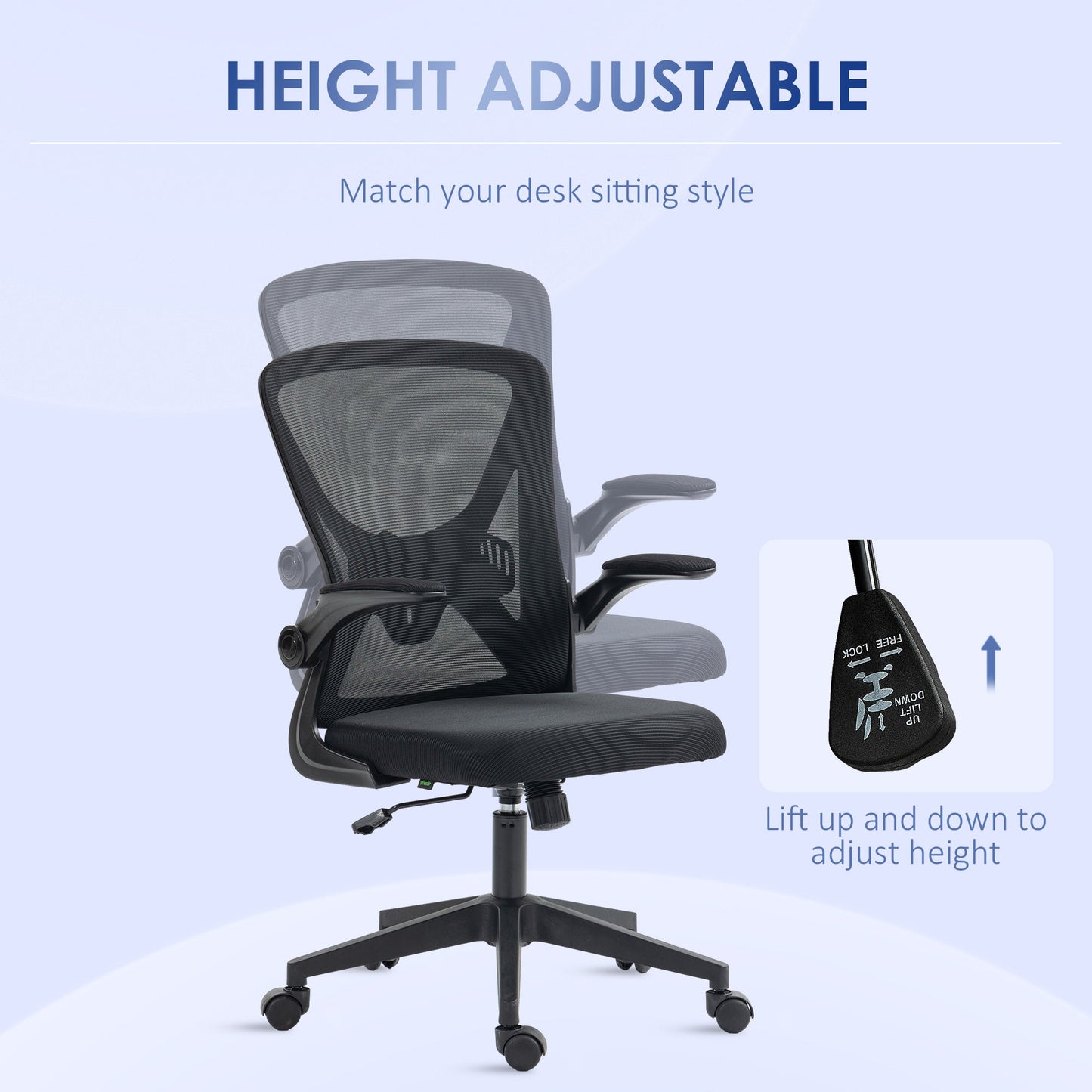 Mesh Office Chair with Flip-up Armrests, Ergonomic Computer Desk Chair with Lumbar Support and Swivel Wheels, Black-3