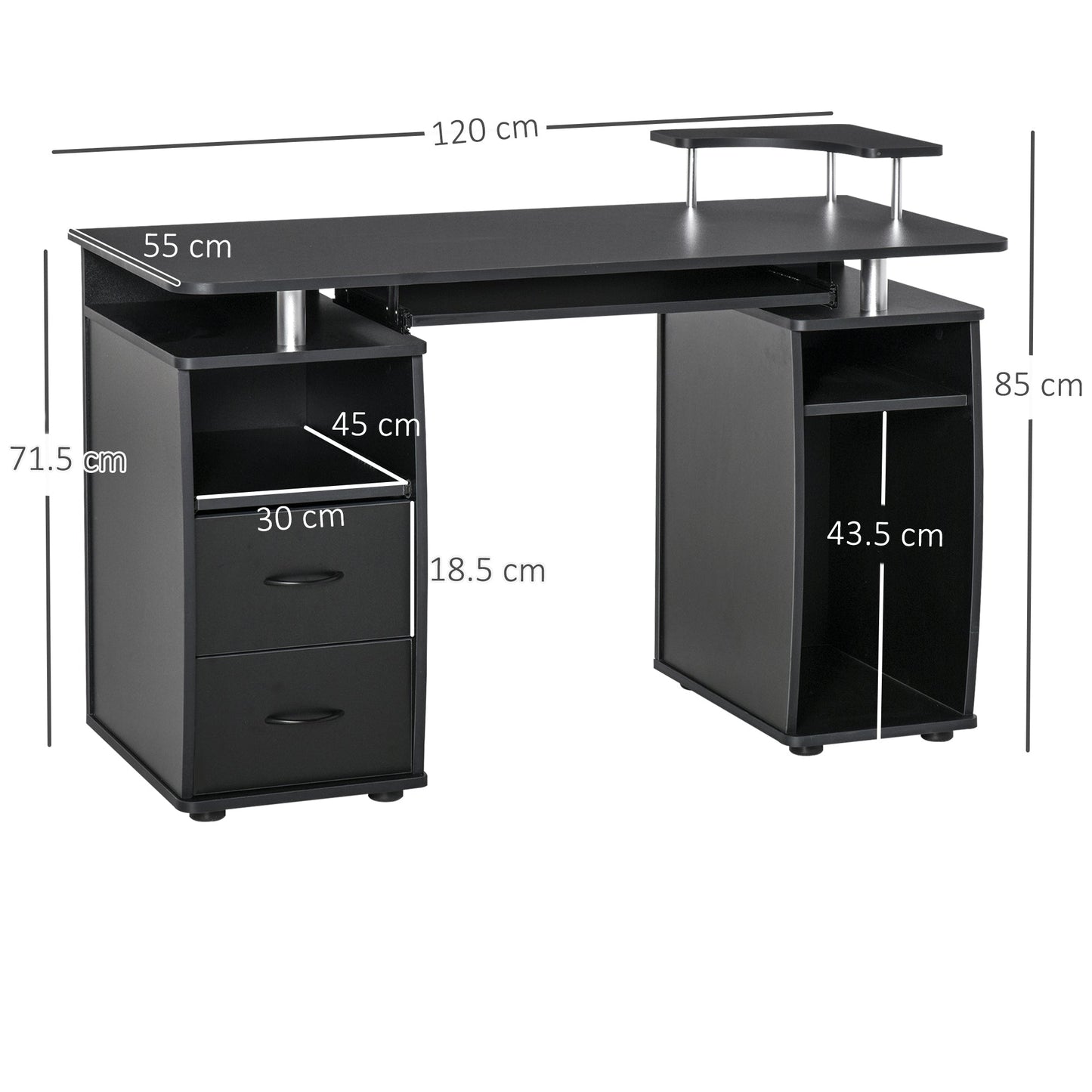 Computer Desk Office PC Table Workstation with Keyboard Tray, CPU Shelf, Drawers, Sliding Scanner Shelf, Black-2