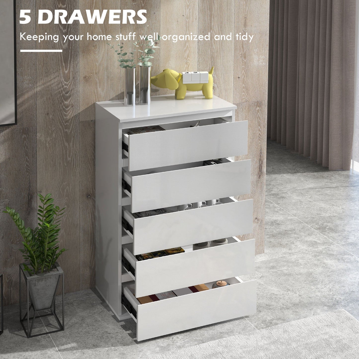 5-Drawer High Gloss Chest of Drawers, Storage Cabinets, Modern Dresser, Storage Drawer Unit for Bedroom, White-3