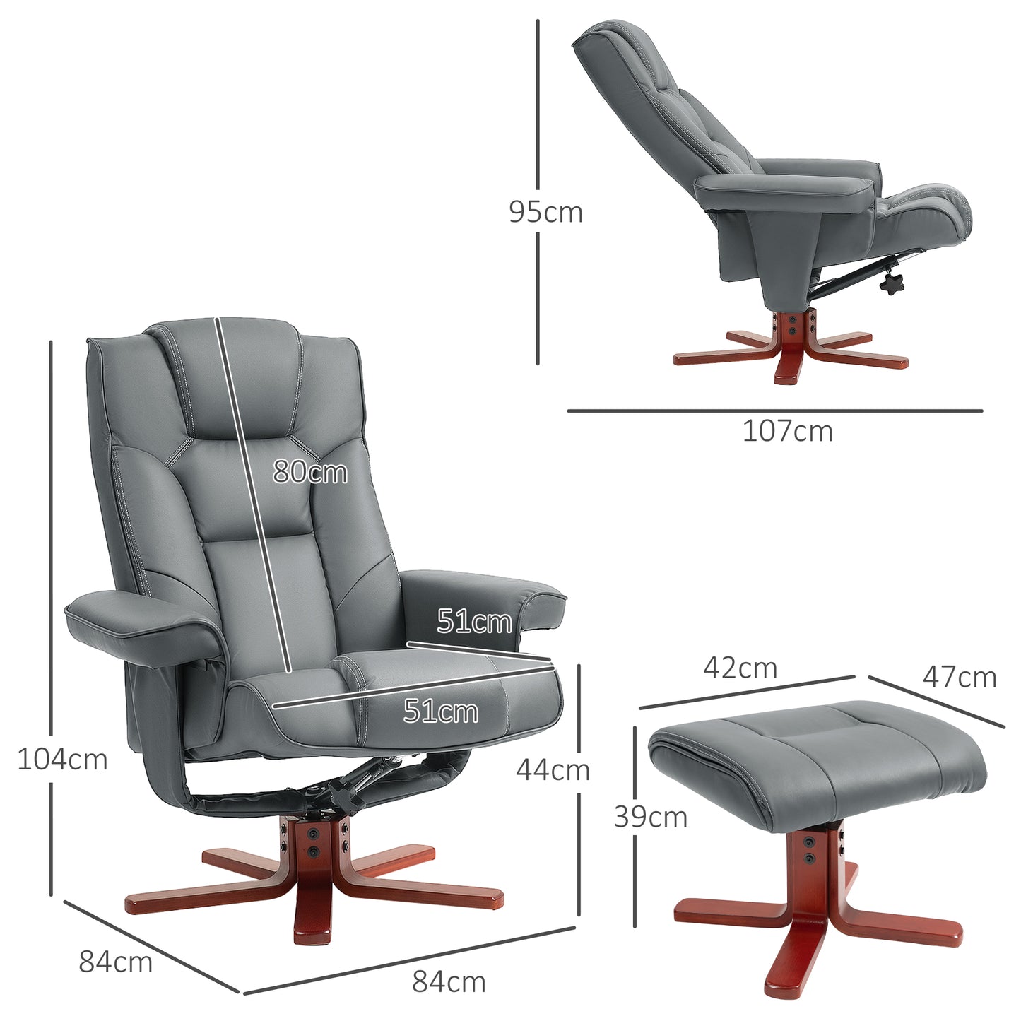 HOMCOM Faux Leather Manual Recliner and Footstool Set in Grey-1