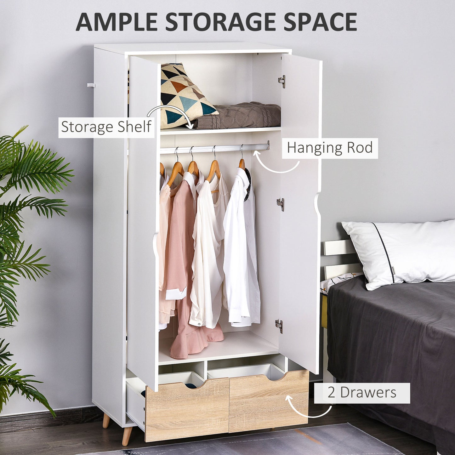 HOMCOM Bedroom Furniture Set, Wardrobe with Hanging Rail, Bedside Table, Floor Cabinet with Storage, Nature Wood Finish and White-2