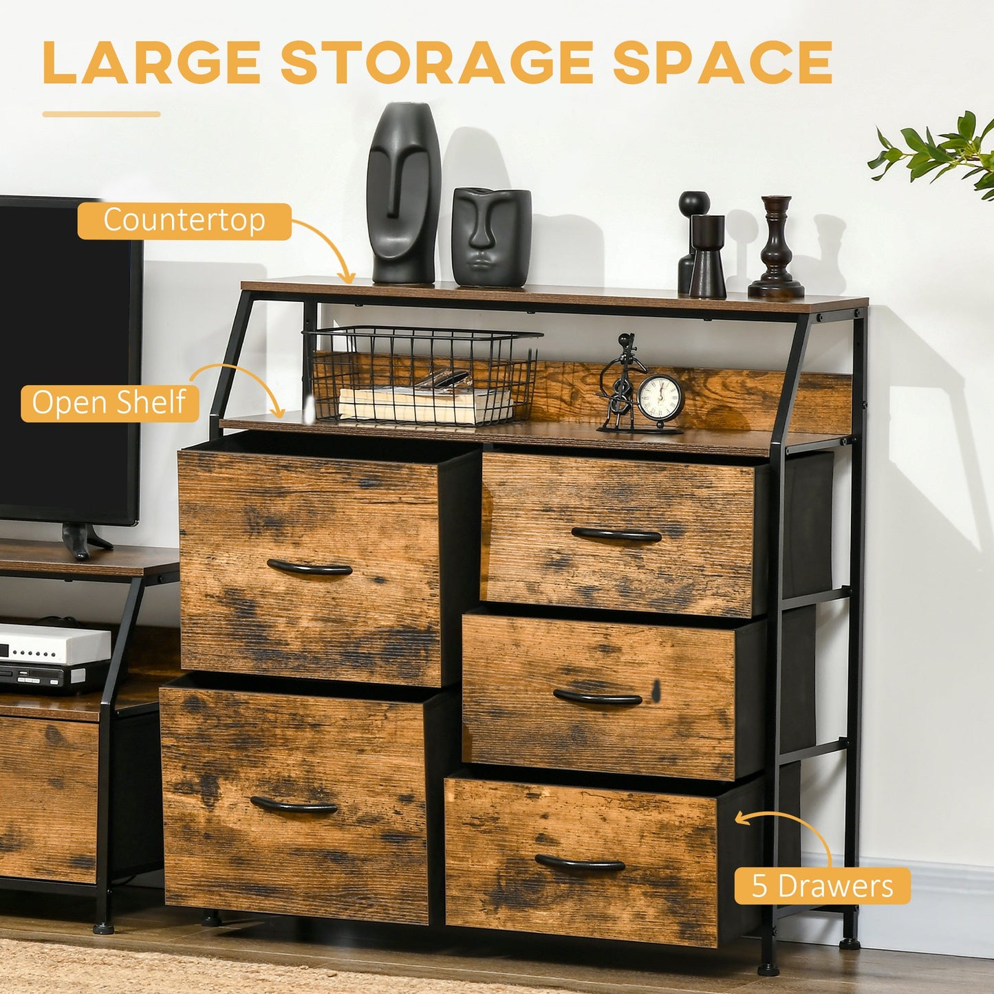 Bedroom Chest of Drawers, Industrial 5 Fabric Drawer Dresser with Open Shelf for Living Room, Rustic Brown-3