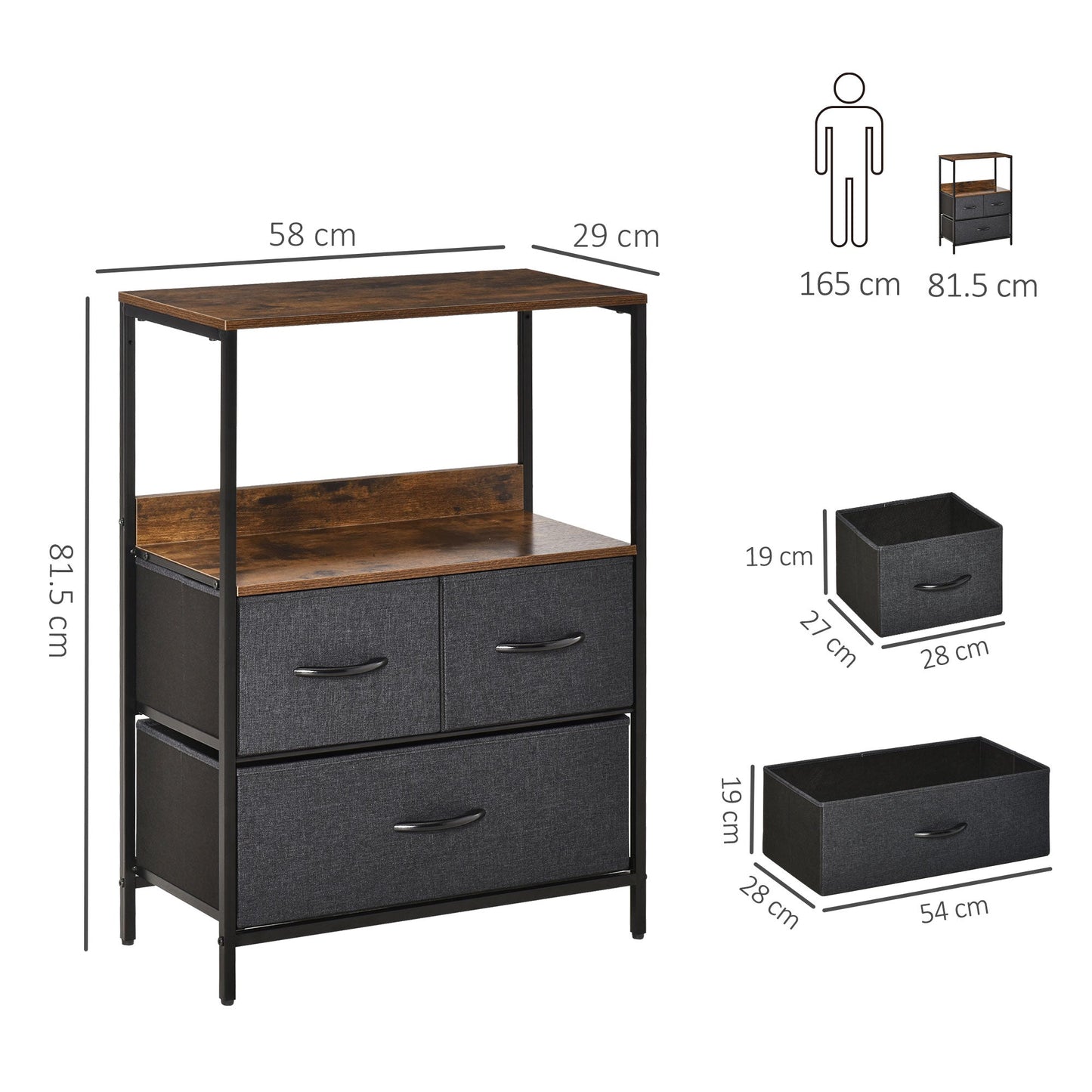 Chest of Drawers Bedroom Unit Storage Cabinet with 3 Fabric Bins for Living Room, Bedroom and Entryway, Black-2