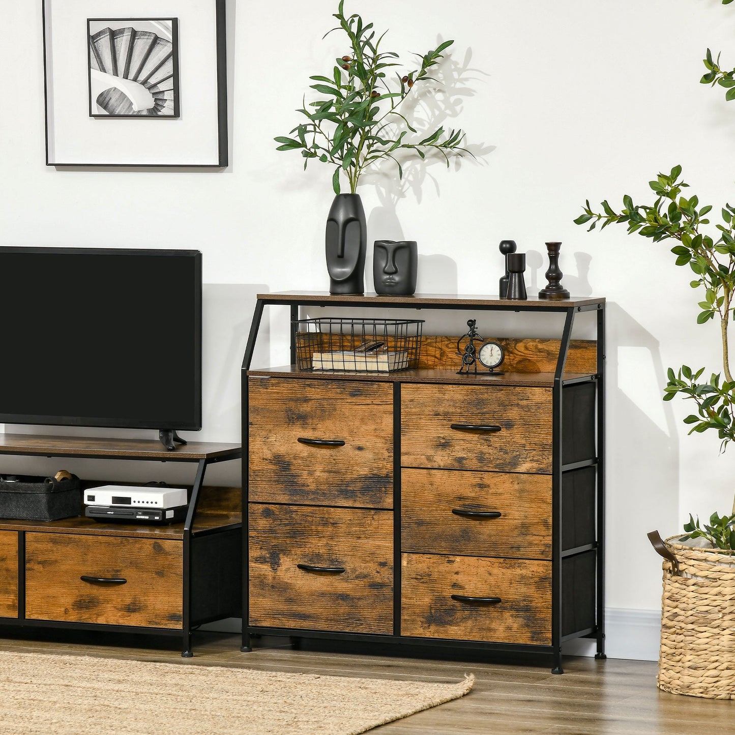 Bedroom Chest of Drawers, Industrial 5 Fabric Drawer Dresser with Open Shelf for Living Room, Rustic Brown-1
