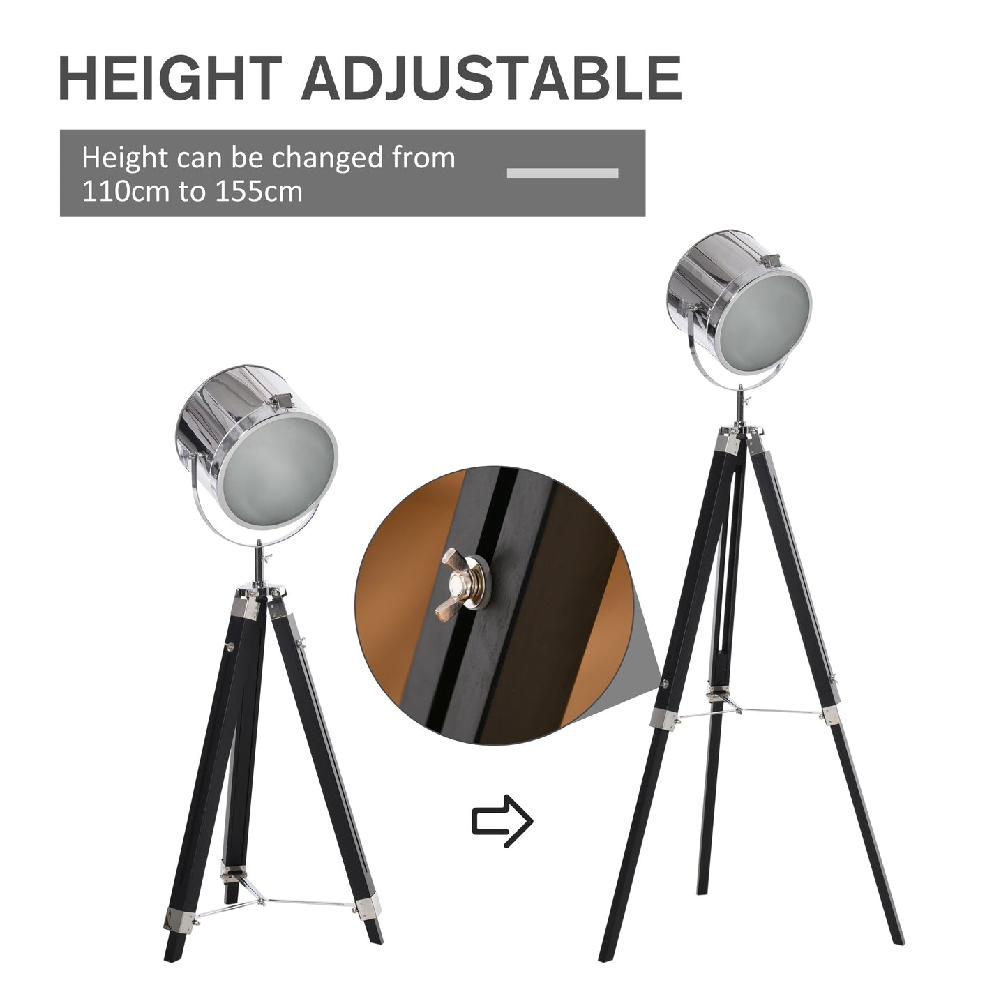 Industrial Style Adjustable Tripod Floor Lamp, Searchlight Lamp with Wooden Legs and Steel Lampshade, 110-155cm, Black-3